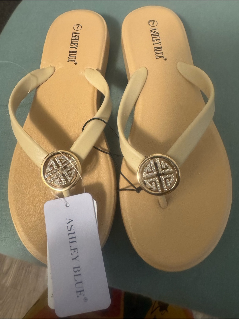 Ashley Blue Cream Rhinestone Medallion Thong Sandals